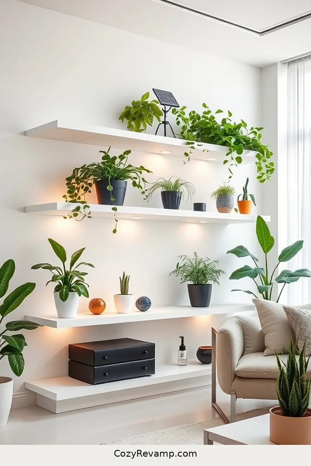 Streamlined Shelving for 15 Essential Materials for a Minimalist Living Room With Solar-Powered Lights