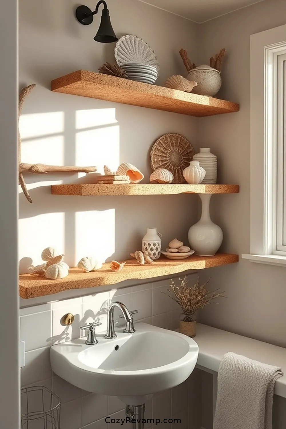 15 Stunning Coastal Bathroom Designs With Cork Material 9 Rustic Cork Shelving With Coastal Decor for 15 Stunning Coastal Bathroom Designs With Cork Material