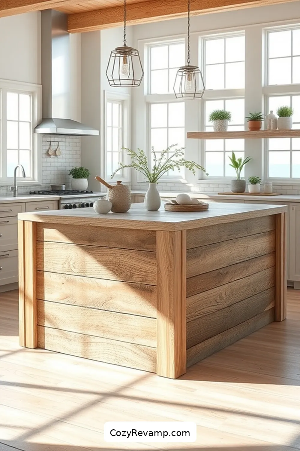 Driftwood-Inspired Kitchen Islands for 15 Stunning Coastal Kitchen Designs Featuring Recycled Wood Material