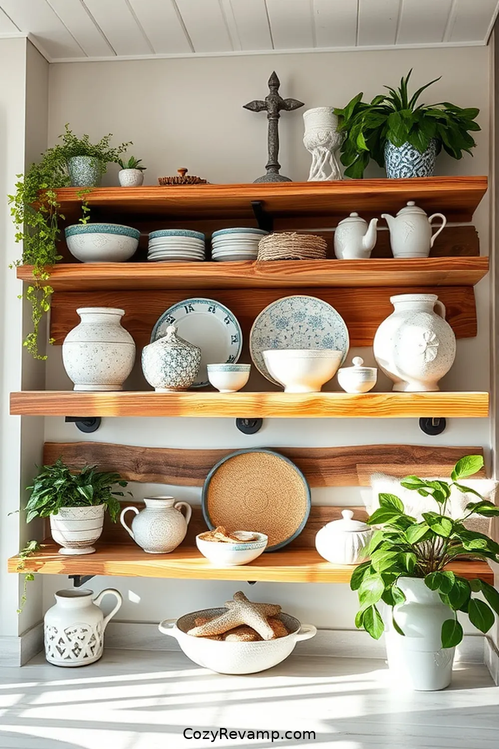Open Shelving With Recycled Wood for 15 Stunning Coastal Kitchen Designs Featuring Recycled Wood Material