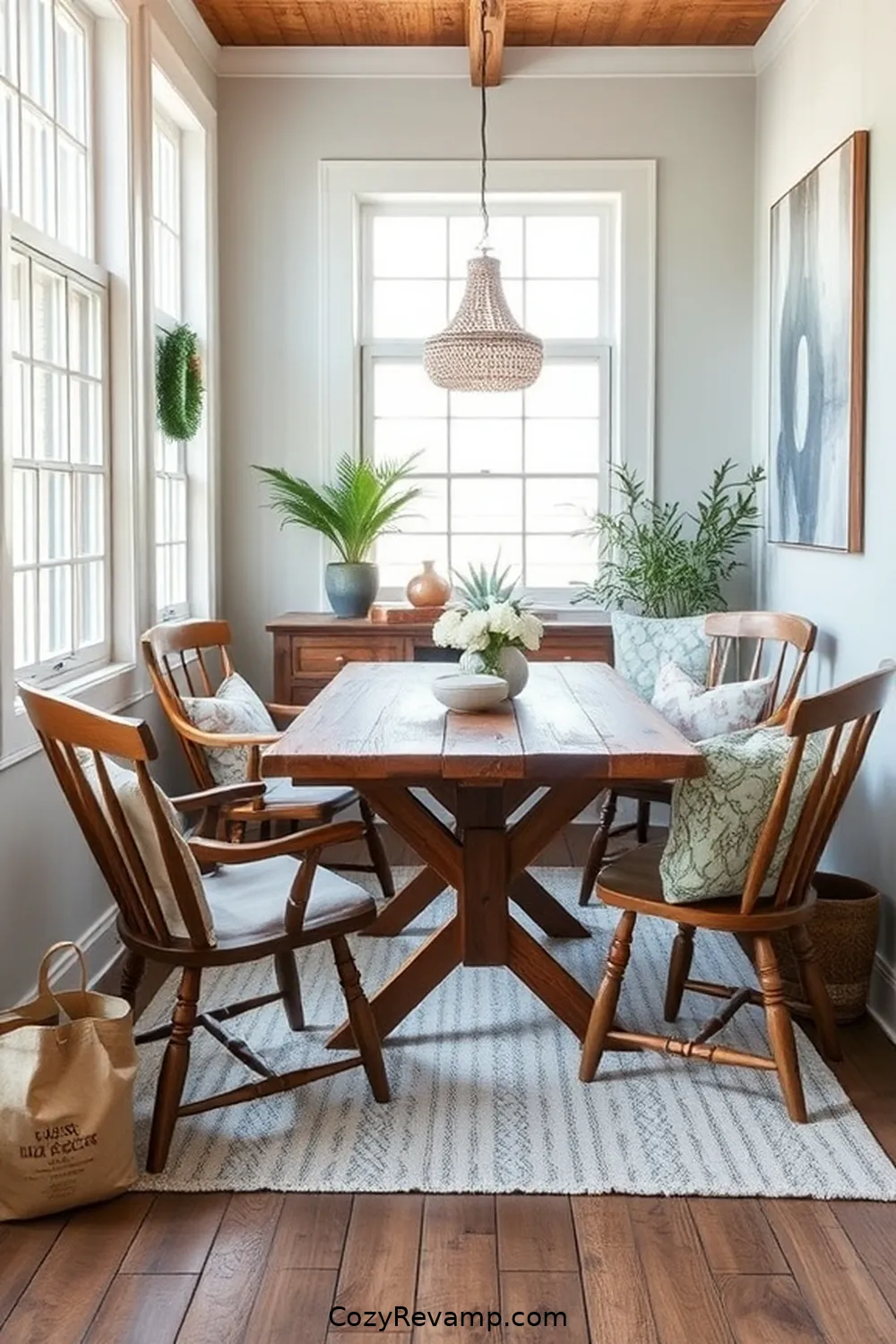 15 Stunning Minimalist Dining Rooms With Recycled Wood Material 7 A Cozy Nook With Vintage Wood Chairs for 15 Stunning Minimalist Dining Rooms With Recycled Wood Material
