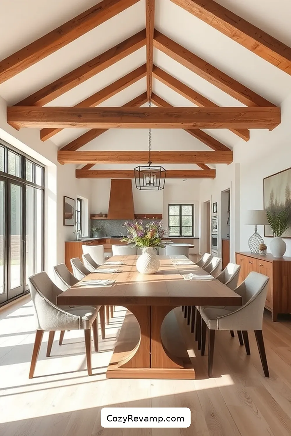 15 Stunning Minimalist Dining Rooms With Recycled Wood Material 5 Open Concept Dining Area Featuring Salvaged Beams for 15 Stunning Minimalist Dining Rooms With Recycled Wood Material