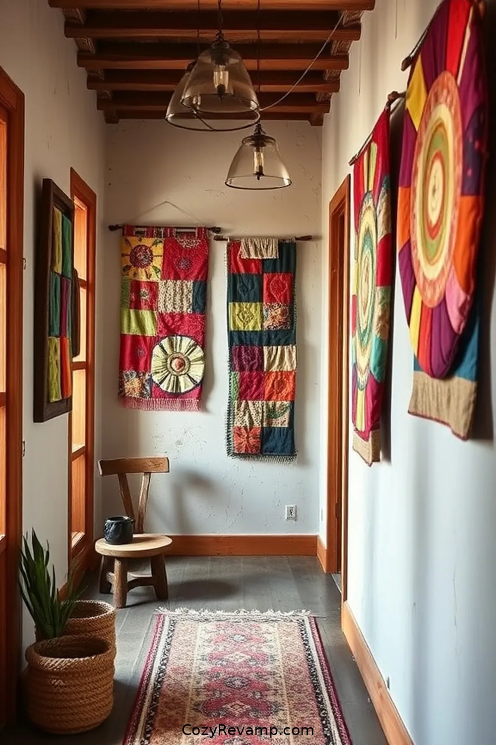 Patchwork Wall Hangings for 15 Ways to Create a Rustic Hallway With Upcycled Fabric Material
