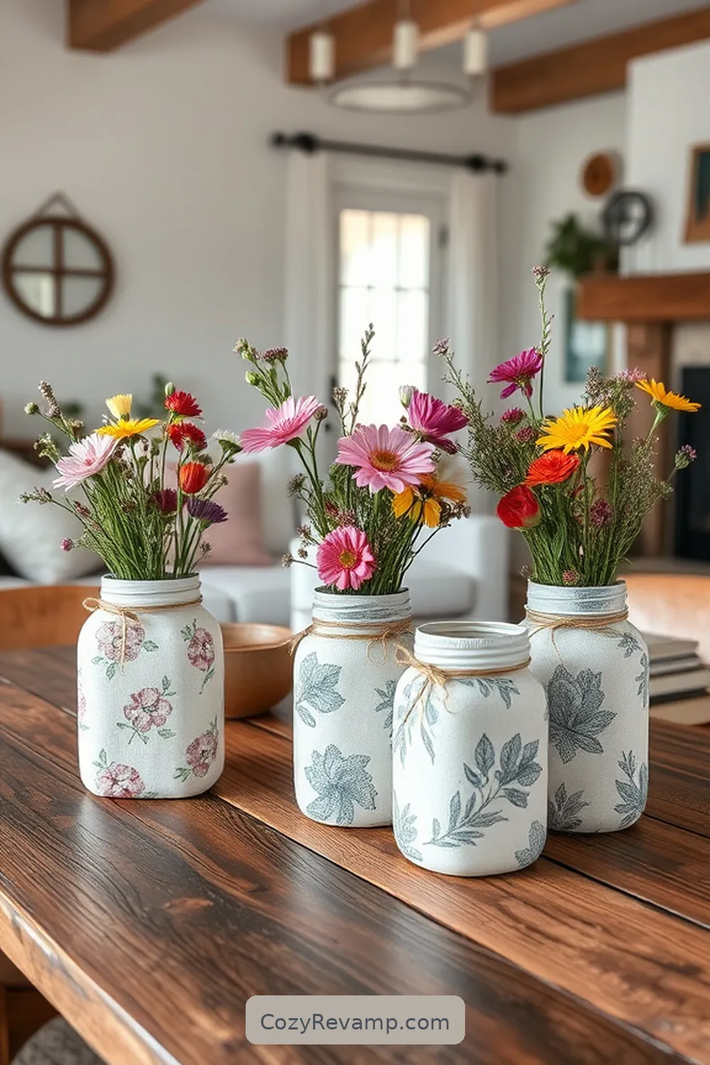 15 Ways to Style a Modern Farmhouse Living Room With Upcycled Fabric 10 Fabric-Covered Mason Jars for Decor for 15 Ways to Style a Modern Farmhouse Living Room With Upcycled Fabric