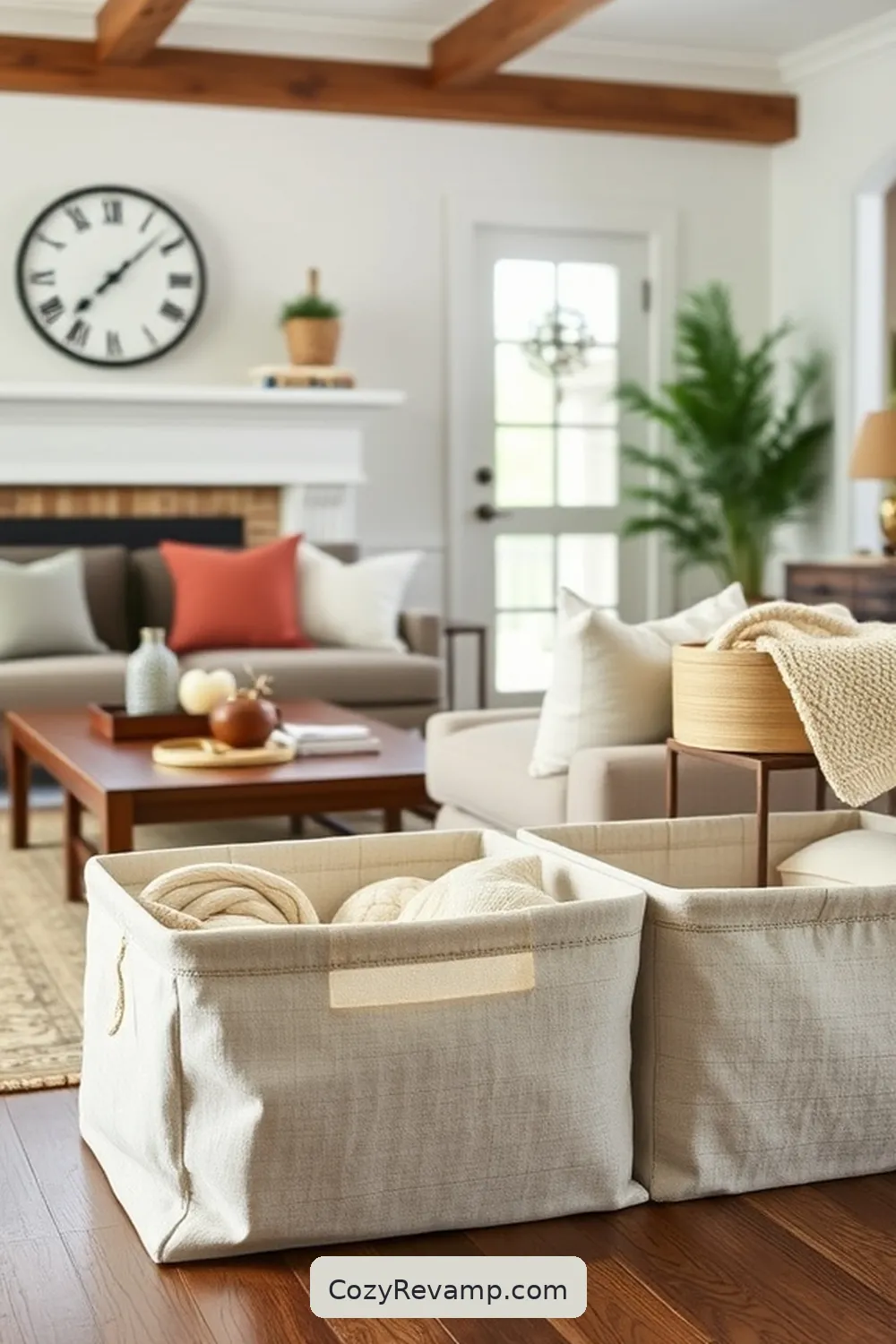 15 Ways to Style a Modern Farmhouse Living Room With Upcycled Fabric 6 Fabric-Covered Storage Bins for 15 Ways to Style a Modern Farmhouse Living Room With Upcycled Fabric