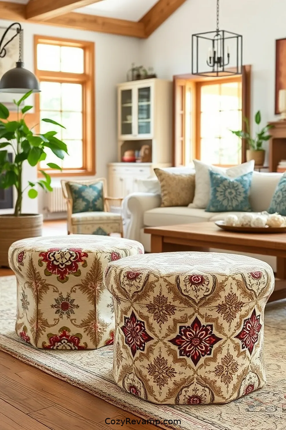 15 Ways to Style a Modern Farmhouse Living Room With Upcycled Fabric 13 Stylish Fabric-Covered Stools for 15 Ways to Style a Modern Farmhouse Living Room With Upcycled Fabric