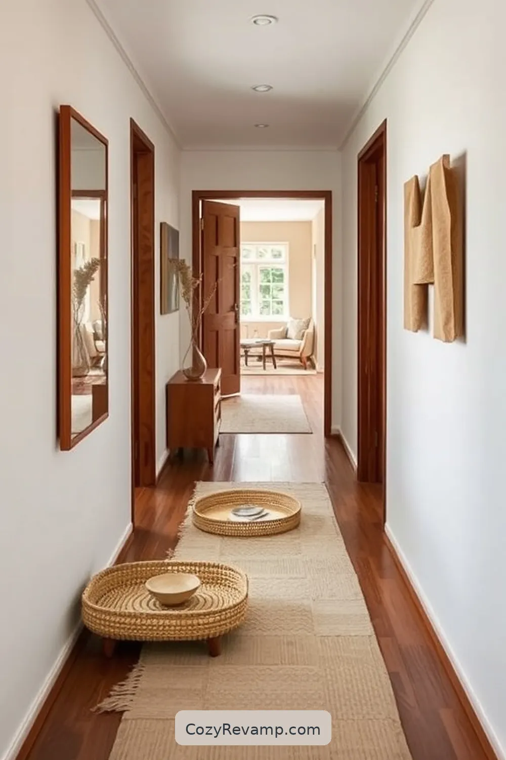 15 Ways to Use Natural Fibers in Your Mid-Century Modern Hallway 14 Accessorize With Woven Trays for 15 Ways to Use Natural Fibers in Your Mid-Century Modern Hallway