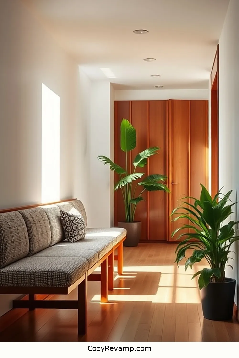 15 Ways to Use Natural Fibers in Your Mid-Century Modern Hallway 15 Use Twill Upholstery for Benches for 15 Ways to Use Natural Fibers in Your Mid-Century Modern Hallway