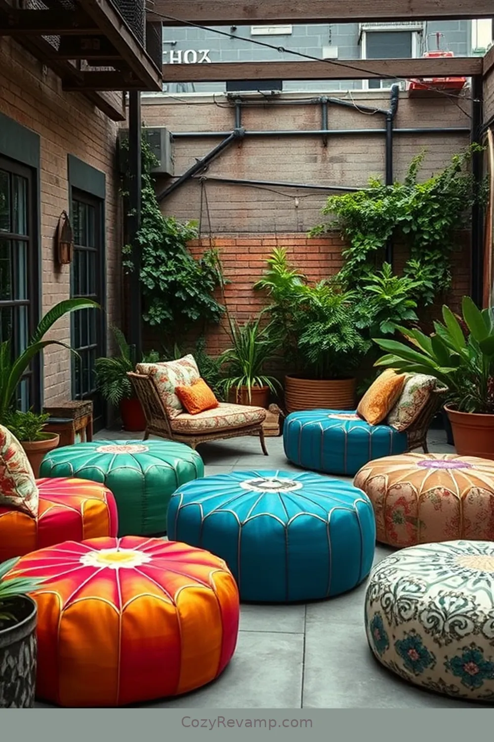 16 Creative Ways to Style Your Industrial Outdoor Patio With Upcycled Fabric 10 Fabric-Covered Poufs for Extra Seating for 16 Creative Ways to Style Your Industrial Outdoor Patio With Upcycled Fabric