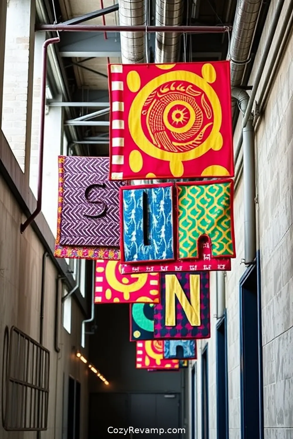 Colorful Fabric Signage for Navigation for 16 Creative Ways to Use Upcycled Fabric Material in Industrial Hallways