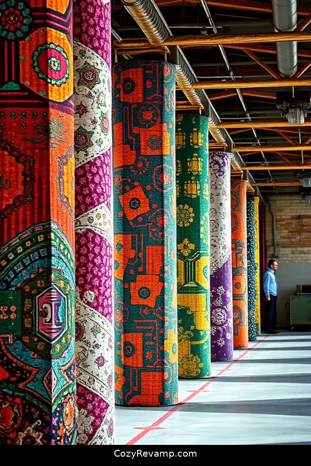 Fabric-Covered Pillars for Visual Interest for 16 Creative Ways to Use Upcycled Fabric Material in Industrial Hallways