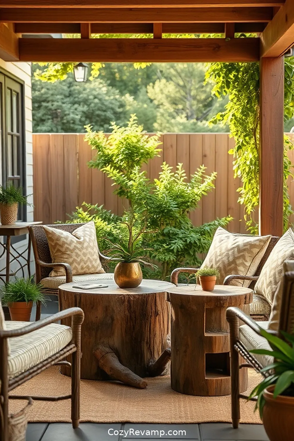 16 Essential Elements for a Rustic Outdoor Patio With Natural Fibers 17 Log or Stump Side Tables for 16 Essential Elements for a Rustic Outdoor Patio With Natural Fibers
