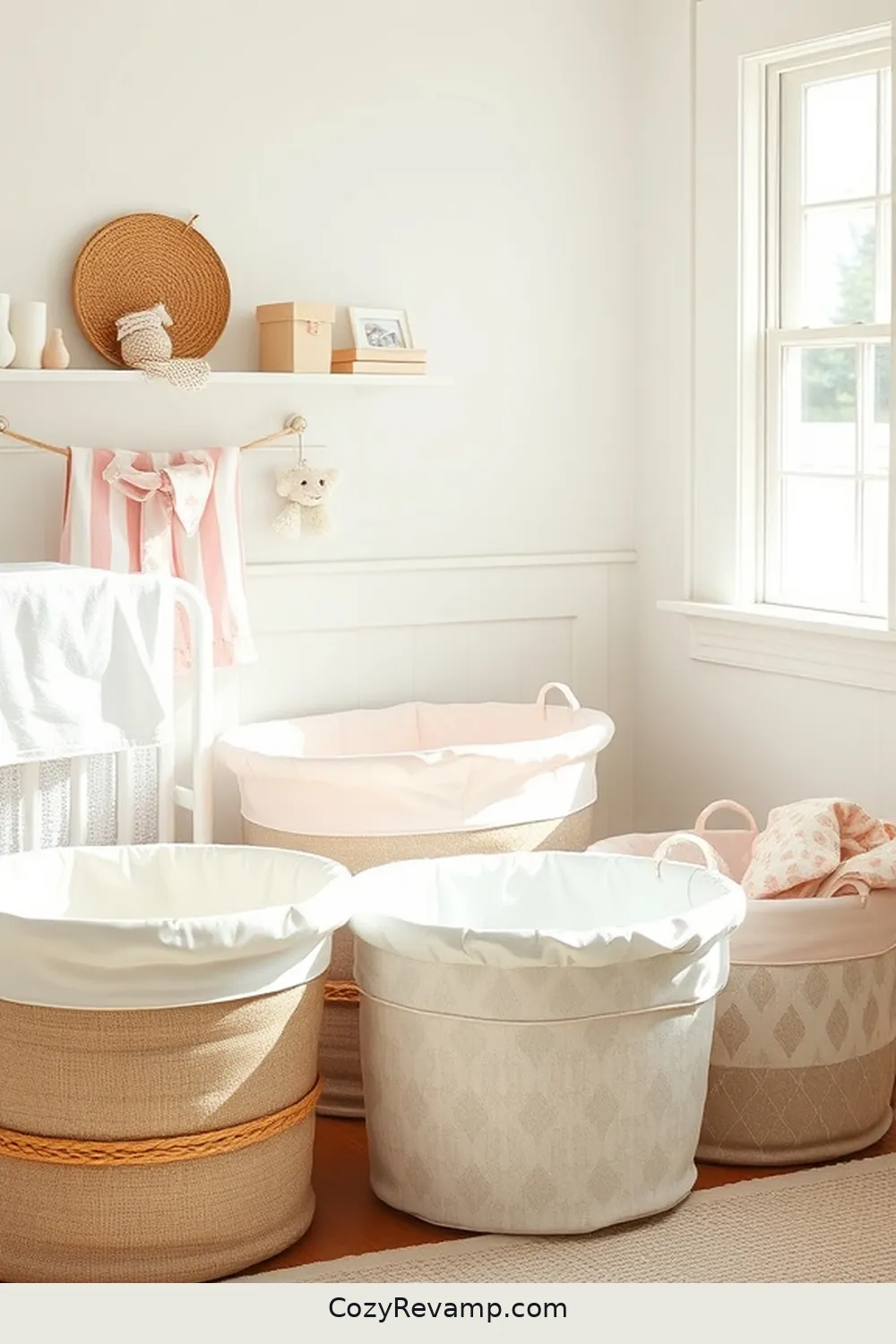 Fabric-Covered Nursery Storage Baskets for 16 Inspiring Ideas for a Modern Farmhouse Nursery Using Upcycled Fabric