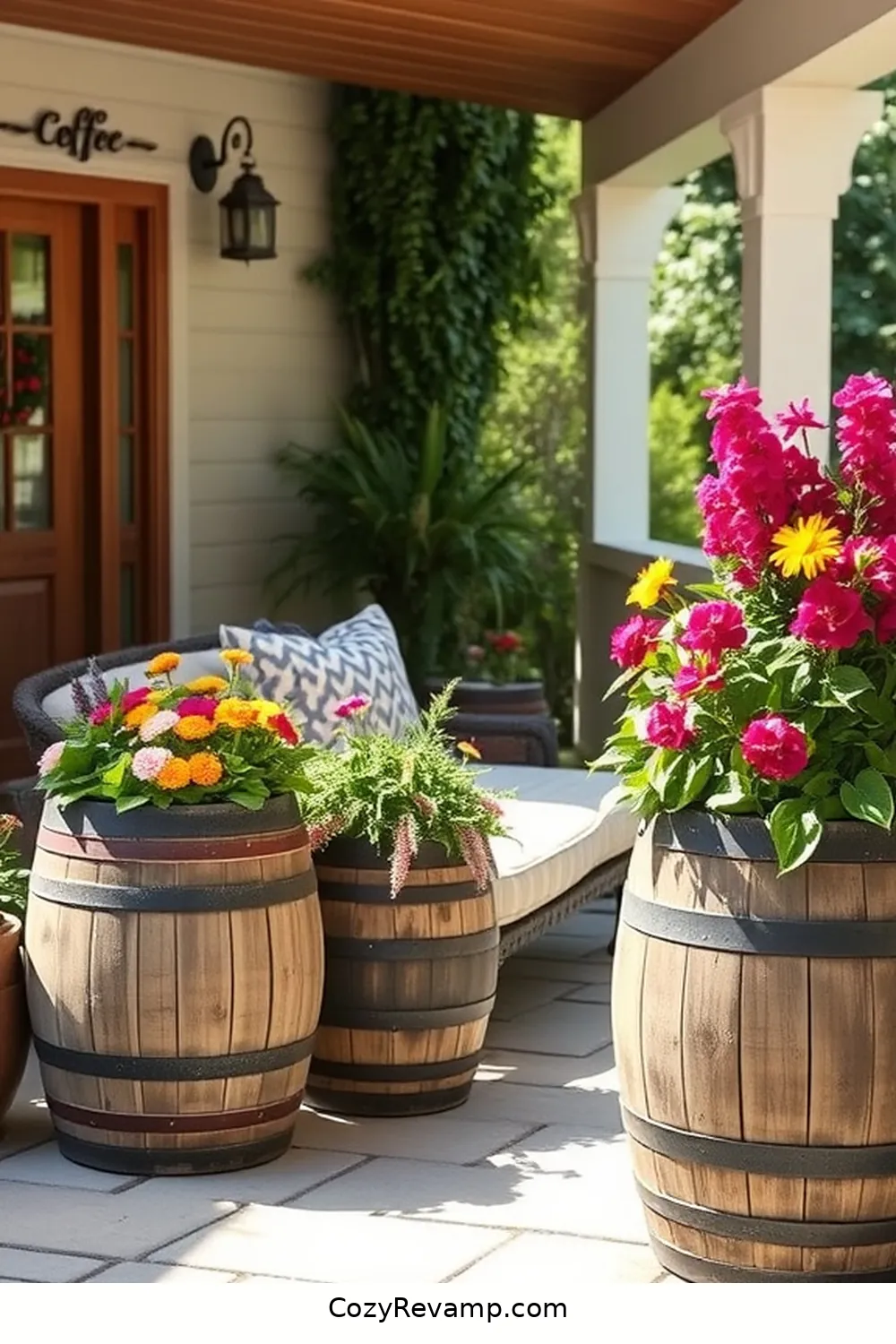 16 Inspiring Ideas for a Modern Farmhouse Outdoor Patio Using Reclaimed Materials 6 Repurposed Wine Barrel Planters for 16 Inspiring Ideas for a Modern Farmhouse Outdoor Patio Using Reclaimed Materials