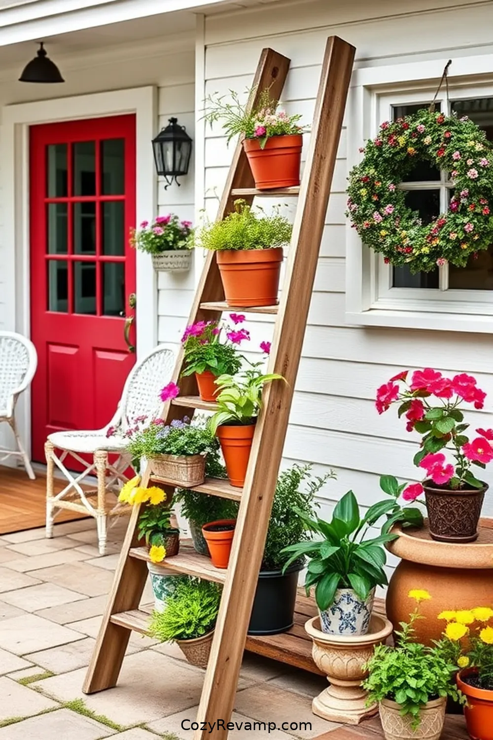 16 Inspiring Ideas for a Modern Farmhouse Outdoor Patio Using Reclaimed Materials 10 Vintage Ladder Plant Stand for 16 Inspiring Ideas for a Modern Farmhouse Outdoor Patio Using Reclaimed Materials