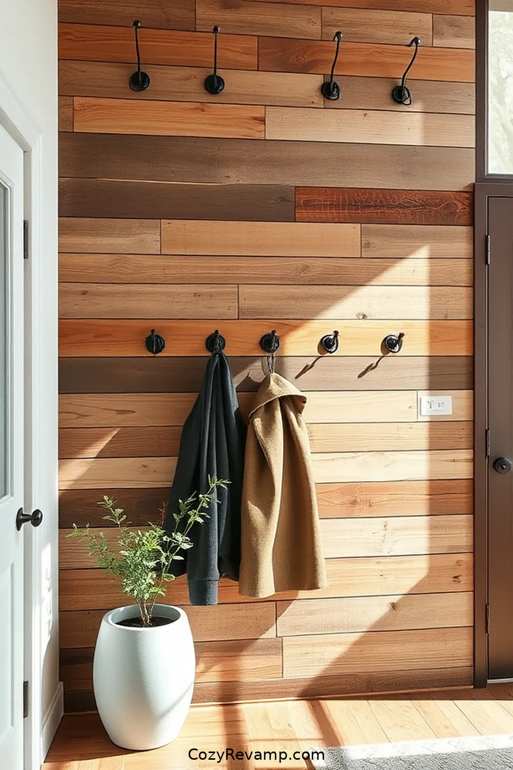 16 Inspiring Ideas for an Industrial Entryway With Reclaimed Materials 6 Reclaimed Wood Wall With Hooks for 16 Inspiring Ideas for an Industrial Entryway With Reclaimed Materials