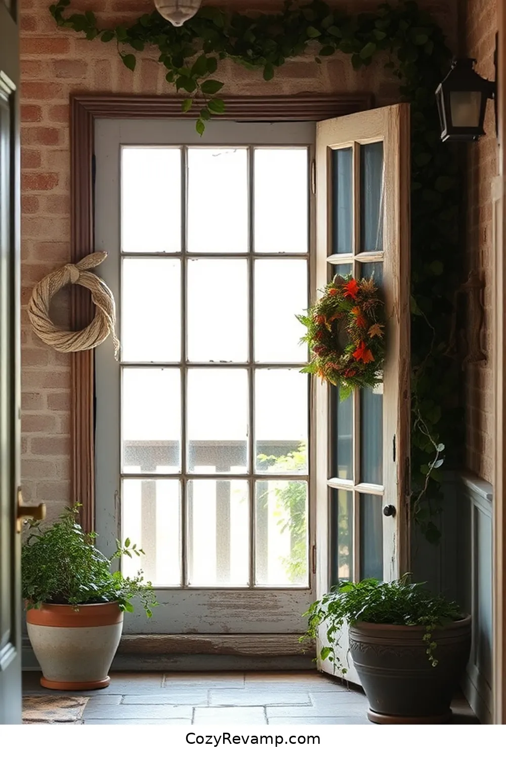 16 Inspiring Ideas for an Industrial Entryway With Reclaimed Materials 15 Salvaged Window Frame for Seasonal Decor for 16 Inspiring Ideas for an Industrial Entryway With Reclaimed Materials