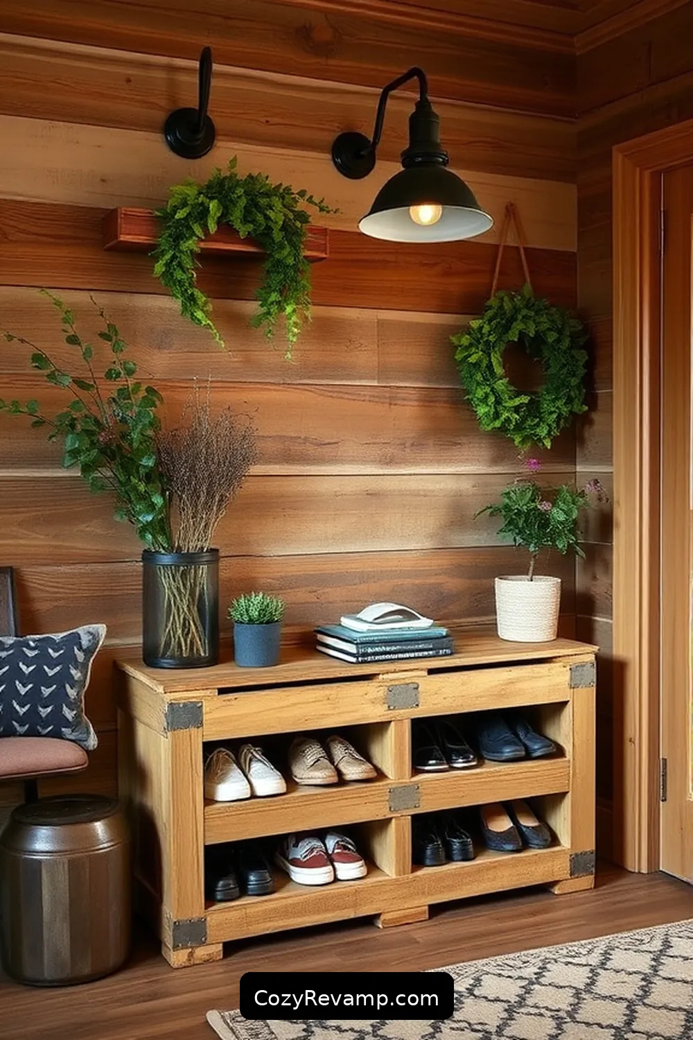 16 Inspiring Ideas for an Industrial Entryway With Reclaimed Materials 8 Upcycled Pallet Shoe Storage for 16 Inspiring Ideas for an Industrial Entryway With Reclaimed Materials