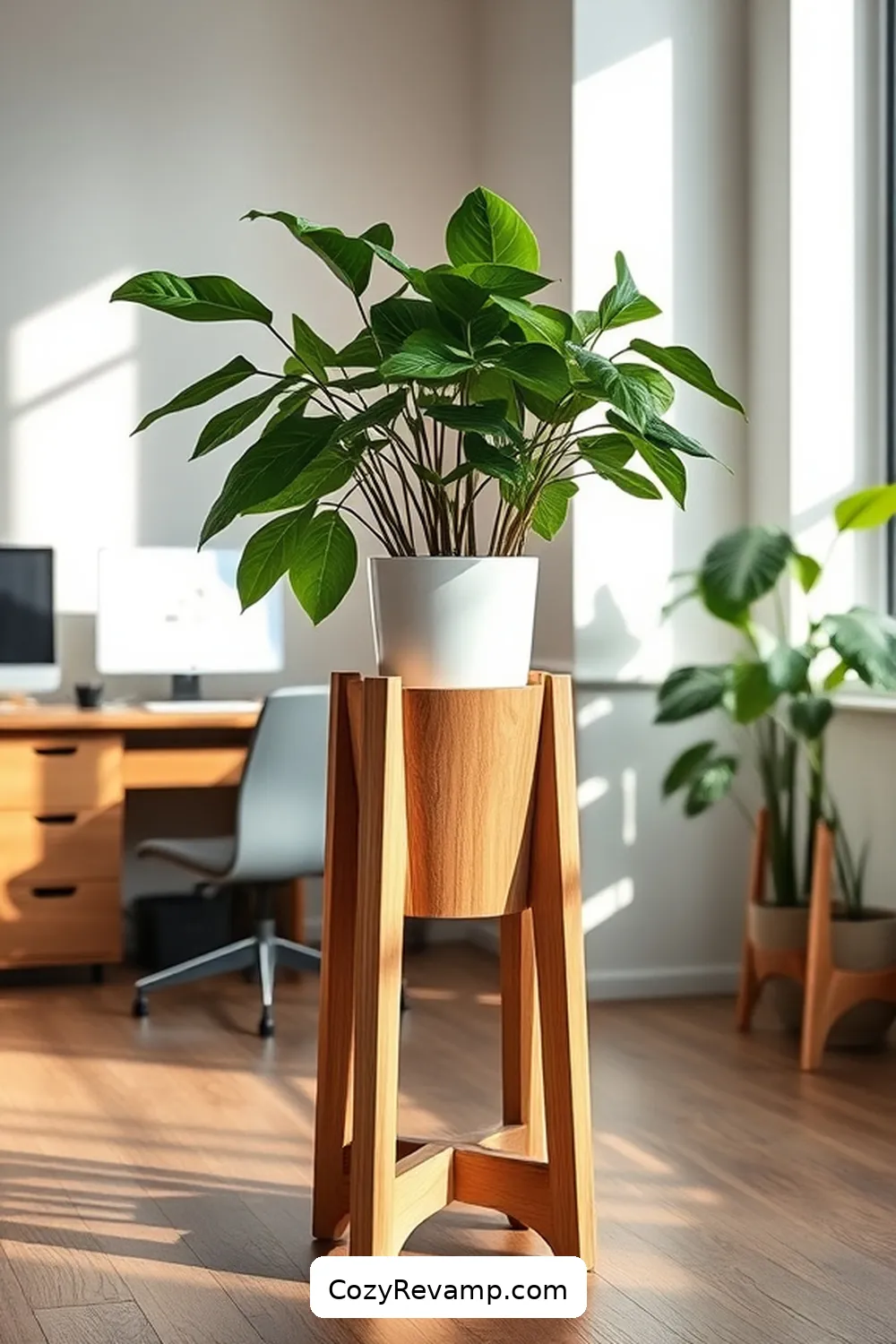 16 Inspiring Minimalist Home Office Ideas With Recycled Wood Material 11 Wooden Plant Stand for a Touch of Green for 16 Inspiring Minimalist Home Office Ideas With Recycled Wood Material