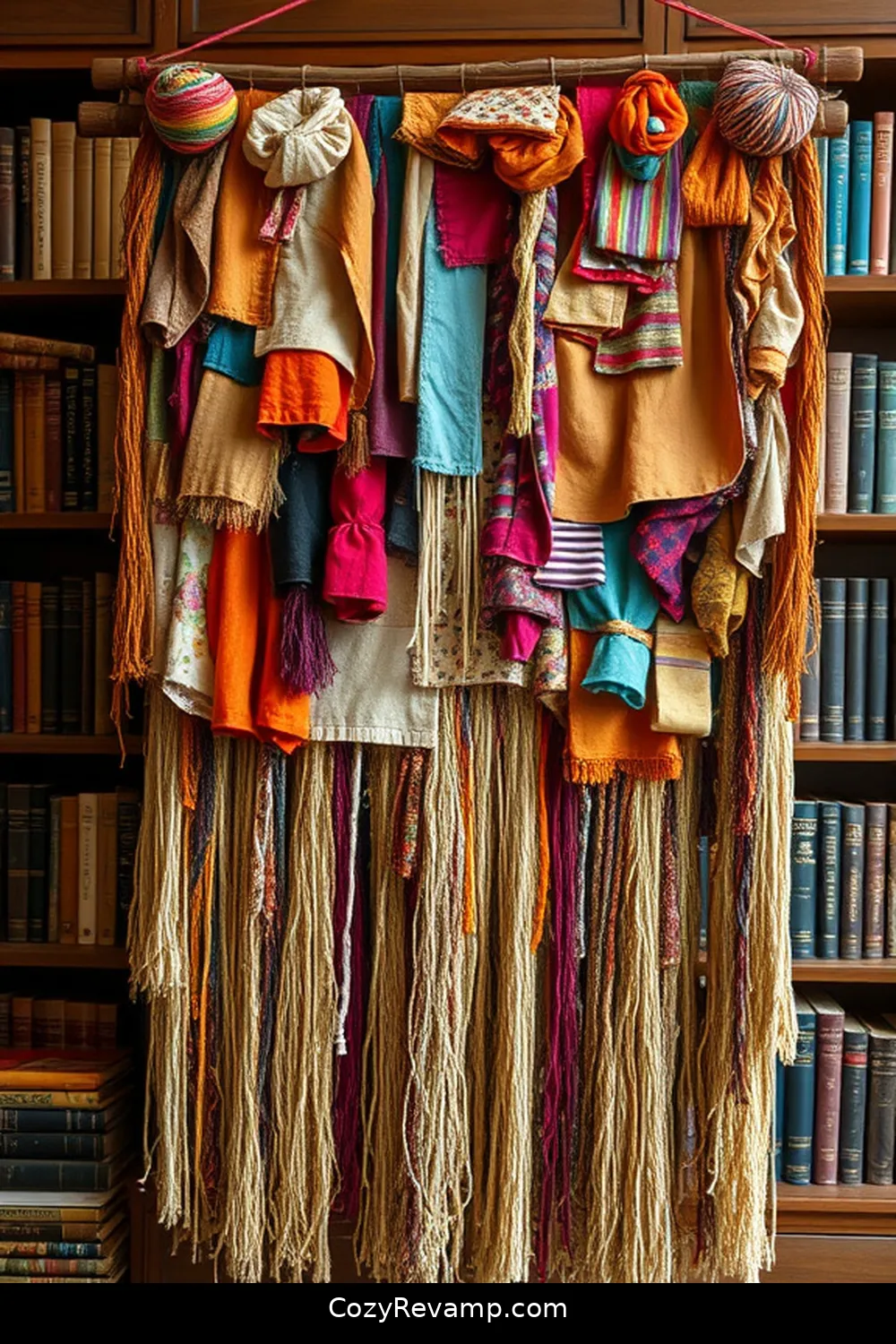16 Ways to Create a Bohemian Library With Upcycled Fabric Material 5 Craft a Wall Hanging With Fabric Scraps for 16 Ways to Create a Bohemian Library With Upcycled Fabric Material