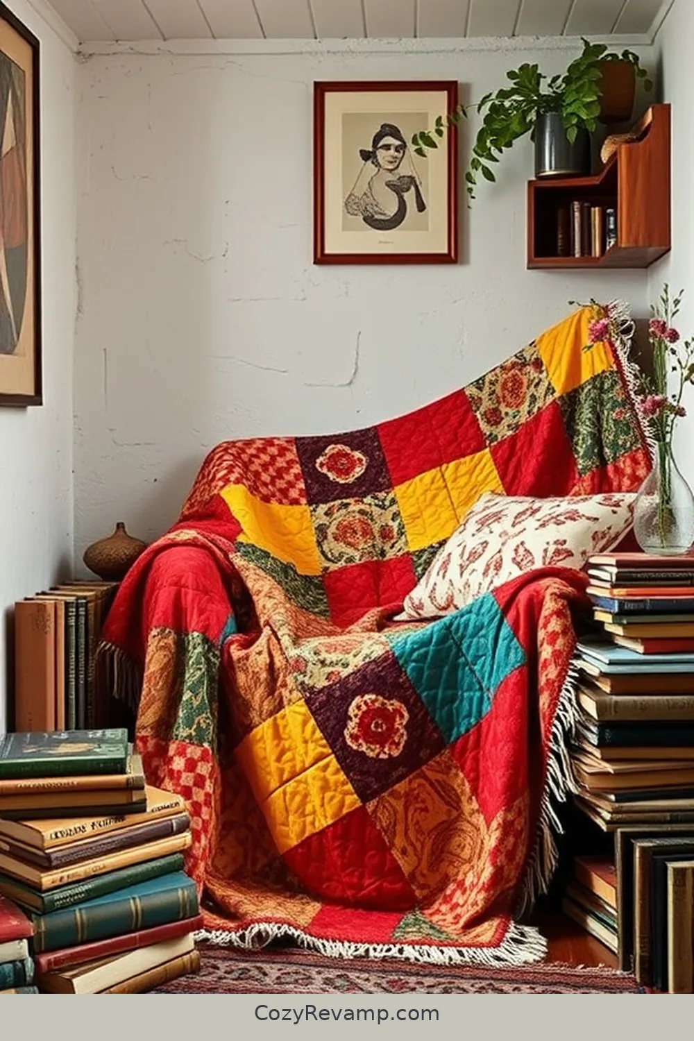16 Ways to Create a Bohemian Library With Upcycled Fabric Material 12 Create a Quilted Throw for the Perfect Nook for 16 Ways to Create a Bohemian Library With Upcycled Fabric Material