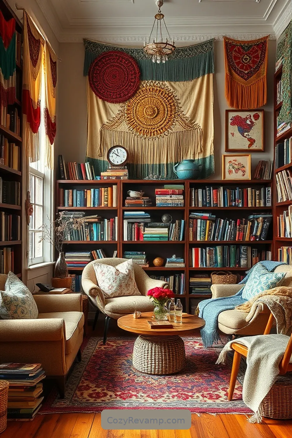 16 Ways to Create a Bohemian Library With Upcycled Fabric Material 11 Decorate With Fabric Art Pieces for 16 Ways to Create a Bohemian Library With Upcycled Fabric Material