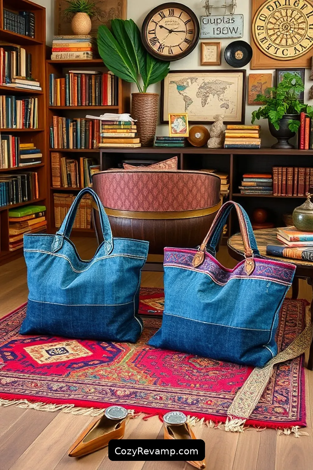 16 Ways to Create a Bohemian Library With Upcycled Fabric Material 17 Repurpose Old Jeans Into Stylish Book Bags for 16 Ways to Create a Bohemian Library With Upcycled Fabric Material