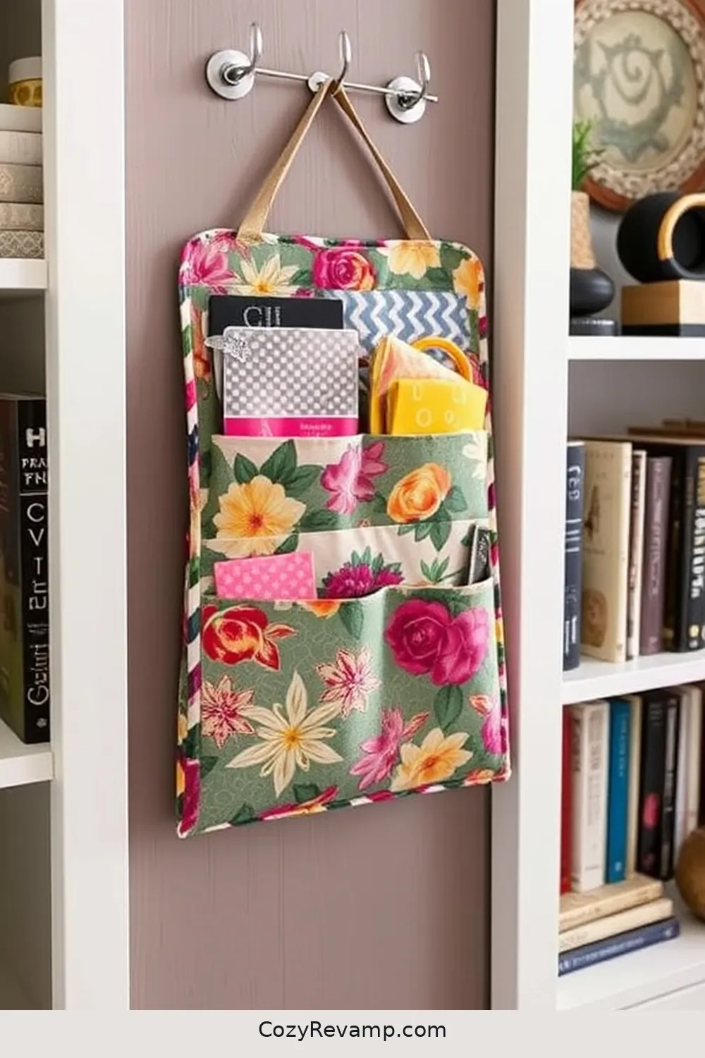 16 Ways to Create a Bohemian Library With Upcycled Fabric Material 10 Sew a Fabric Pocket Organizer for Book Accessories for 16 Ways to Create a Bohemian Library With Upcycled Fabric Material