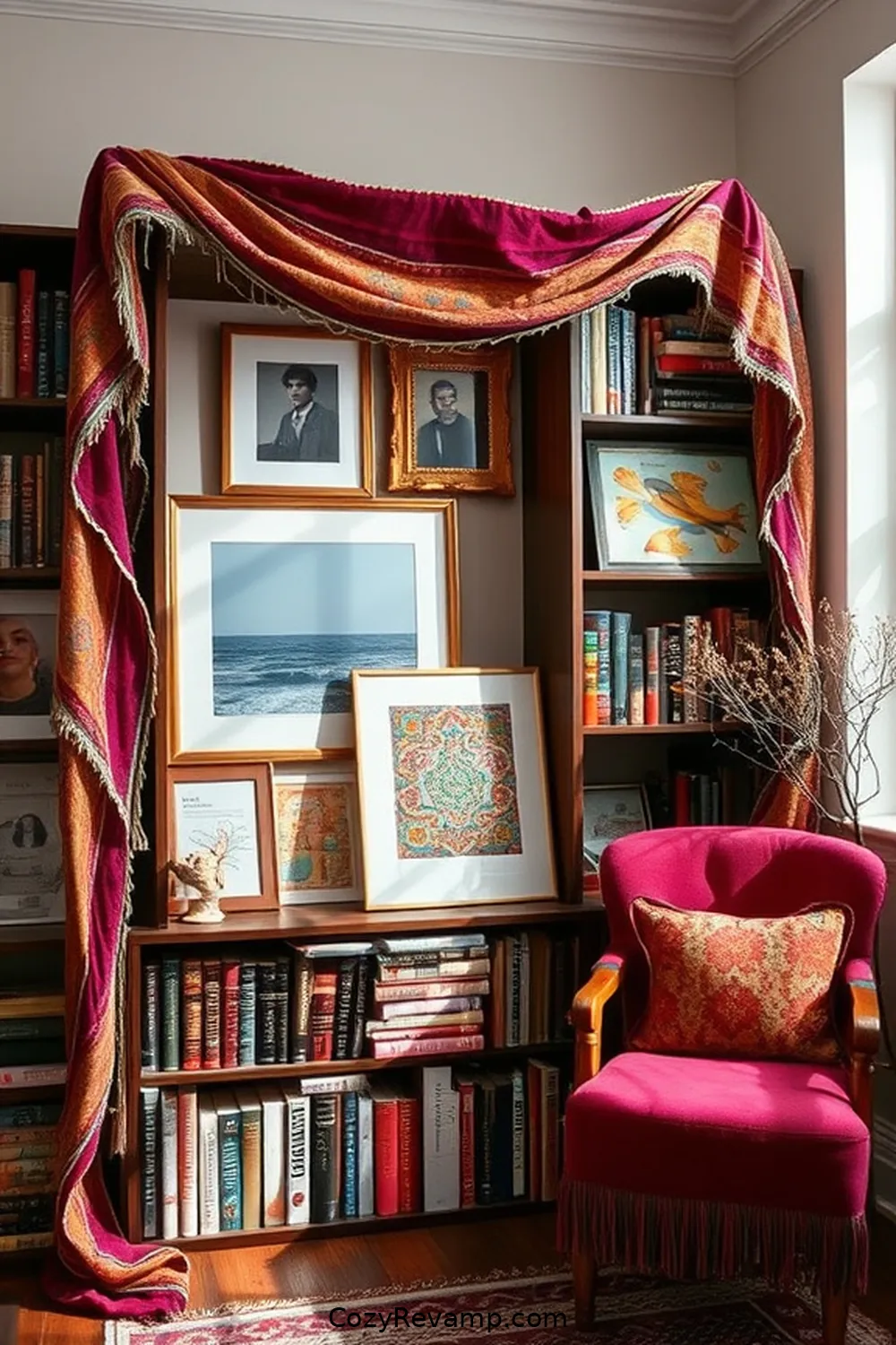 16 Ways to Create a Bohemian Library With Upcycled Fabric Material 13 Use Fabric to Frame Art and Photos for 16 Ways to Create a Bohemian Library With Upcycled Fabric Material