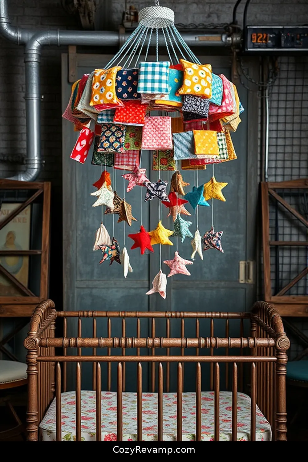 Patchwork Fabric Mobile for 16 Ways to Create an Industrial Nursery With Upcycled Fabric Material