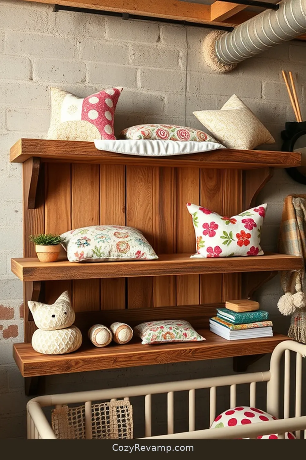 Reclaimed Wood Shelves With Fabric Accents for 16 Ways to Create an Industrial Nursery With Upcycled Fabric Material