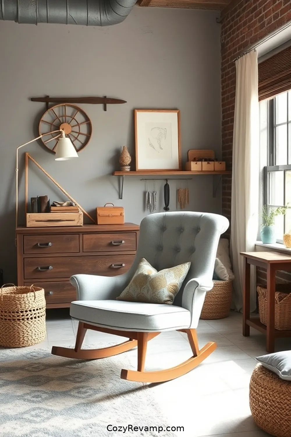 Upholstered Rocking Chair for 16 Ways to Create an Industrial Nursery With Upcycled Fabric Material