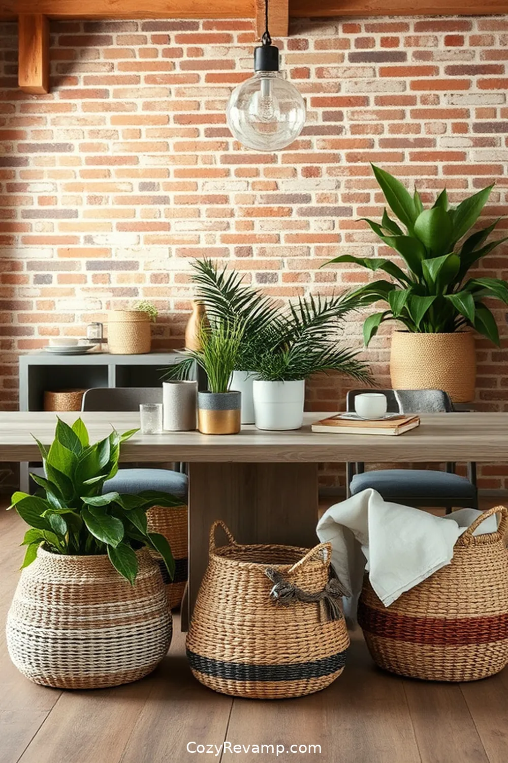 16 Ways to Use Natural Fibers in Your Industrial Dining Room 4 Add Woven Baskets for Storage and Décor for 16 Ways to Use Natural Fibers in Your Industrial Dining Room