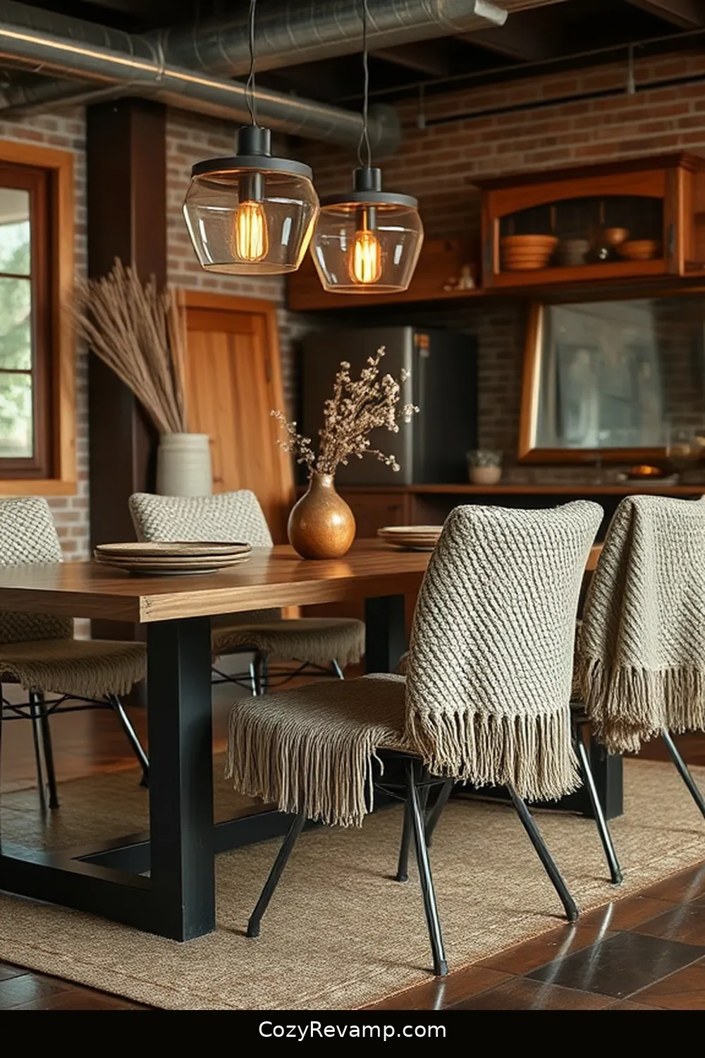 16 Ways to Use Natural Fibers in Your Industrial Dining Room 8 Layer Natural Fiber Throws on Chairs for 16 Ways to Use Natural Fibers in Your Industrial Dining Room