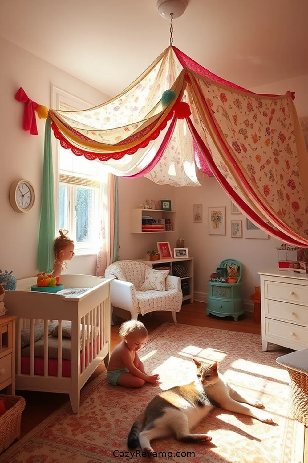 Whimsical Canopy From Vintage Fabrics for 17 Creative Bohemian Nursery Ideas With Reclaimed Materials