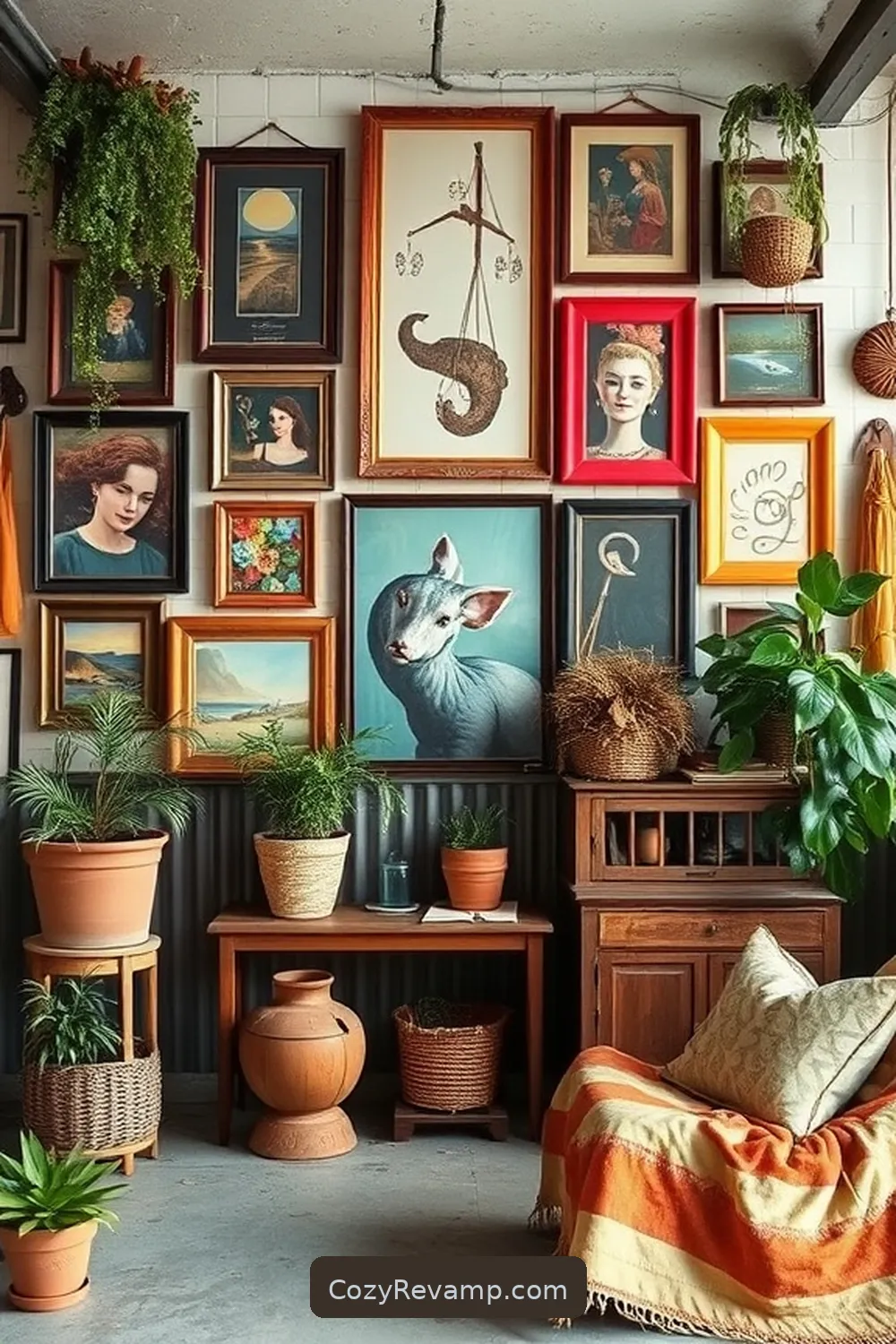 Create a Gallery Wall With Thrifted Art for 17 Creative Ways to Style a Bohemian Garage With Reclaimed Materials