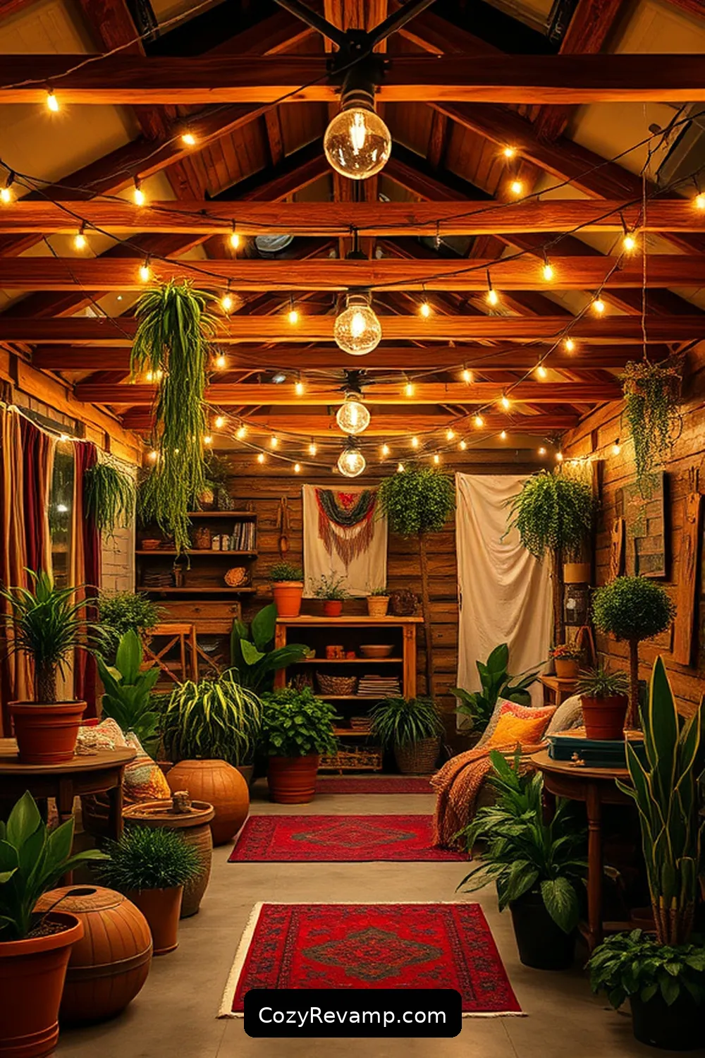 Hang String Lights for Ambiance for 17 Creative Ways to Style a Bohemian Garage With Reclaimed Materials