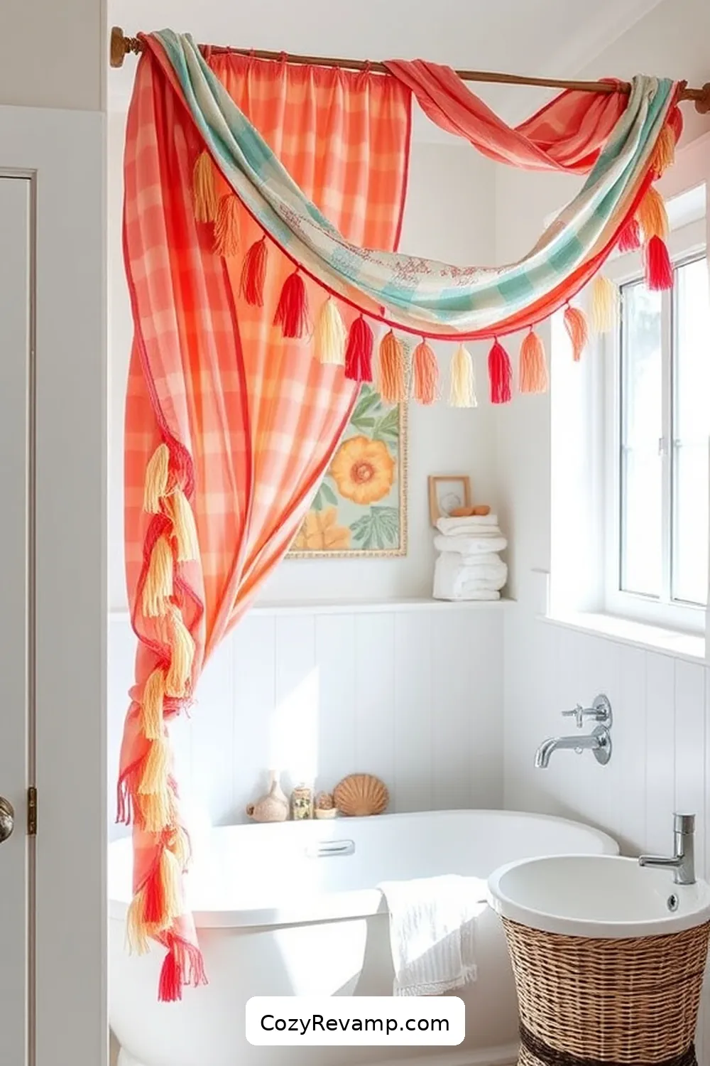 Beachy Fabric Garland or Bunting for 17 Creative Ways to Style a Coastal Bathroom With Upcycled Fabric Material