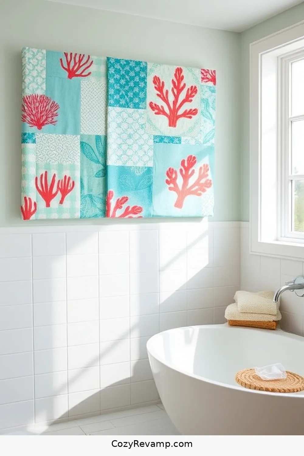 Beachy Fabric Wall Art for 17 Creative Ways to Style a Coastal Bathroom With Upcycled Fabric Material
