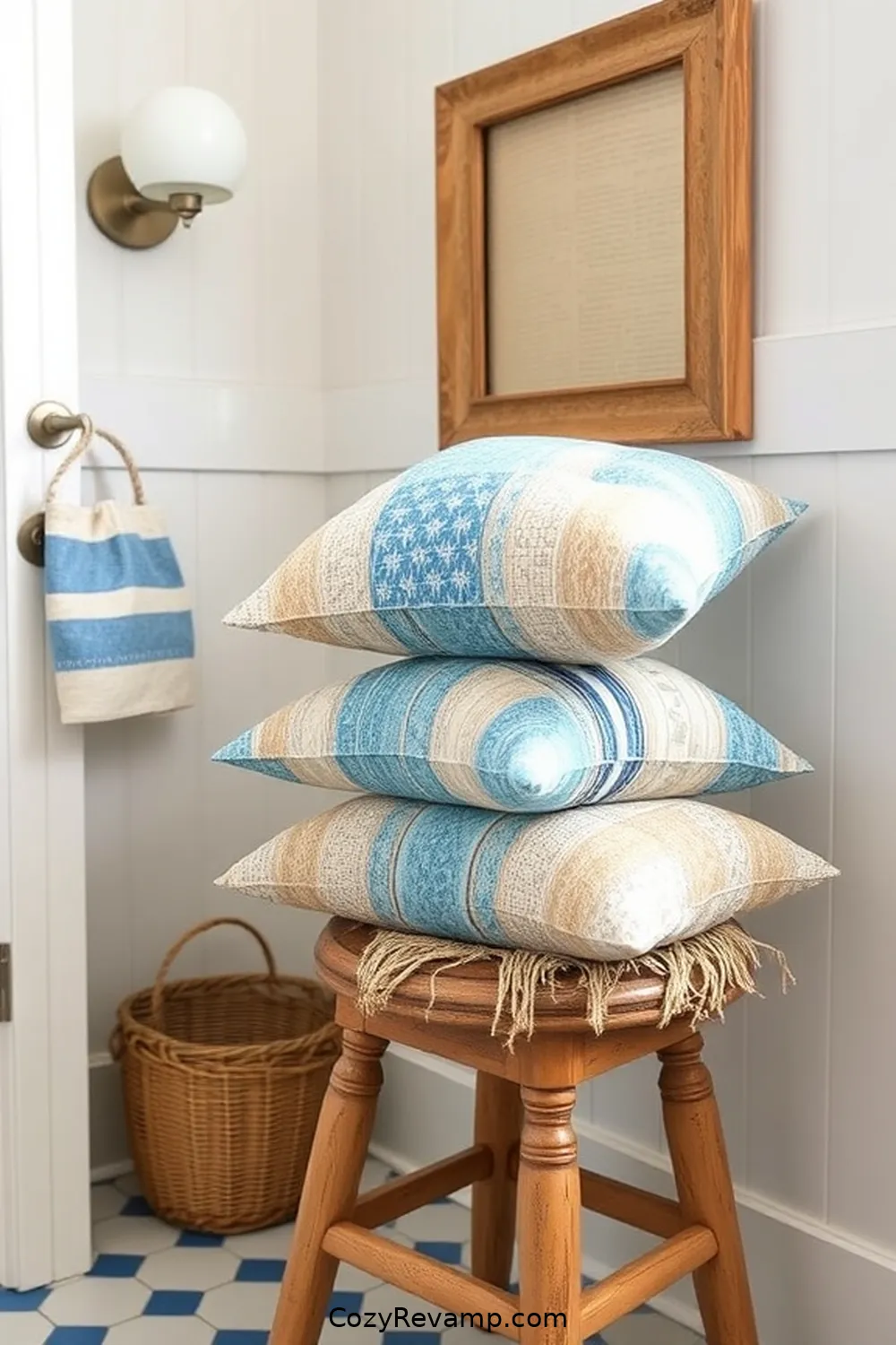 Coastal-Inspired Fabric Pillows for 17 Creative Ways to Style a Coastal Bathroom With Upcycled Fabric Material