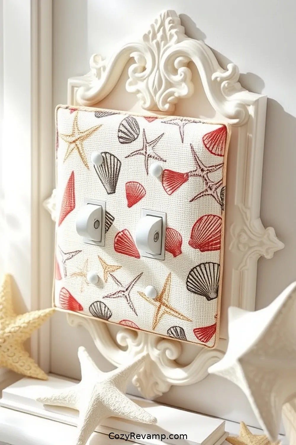 Fabric-Covered Light Switch Plates for 17 Creative Ways to Style a Coastal Bathroom With Upcycled Fabric Material