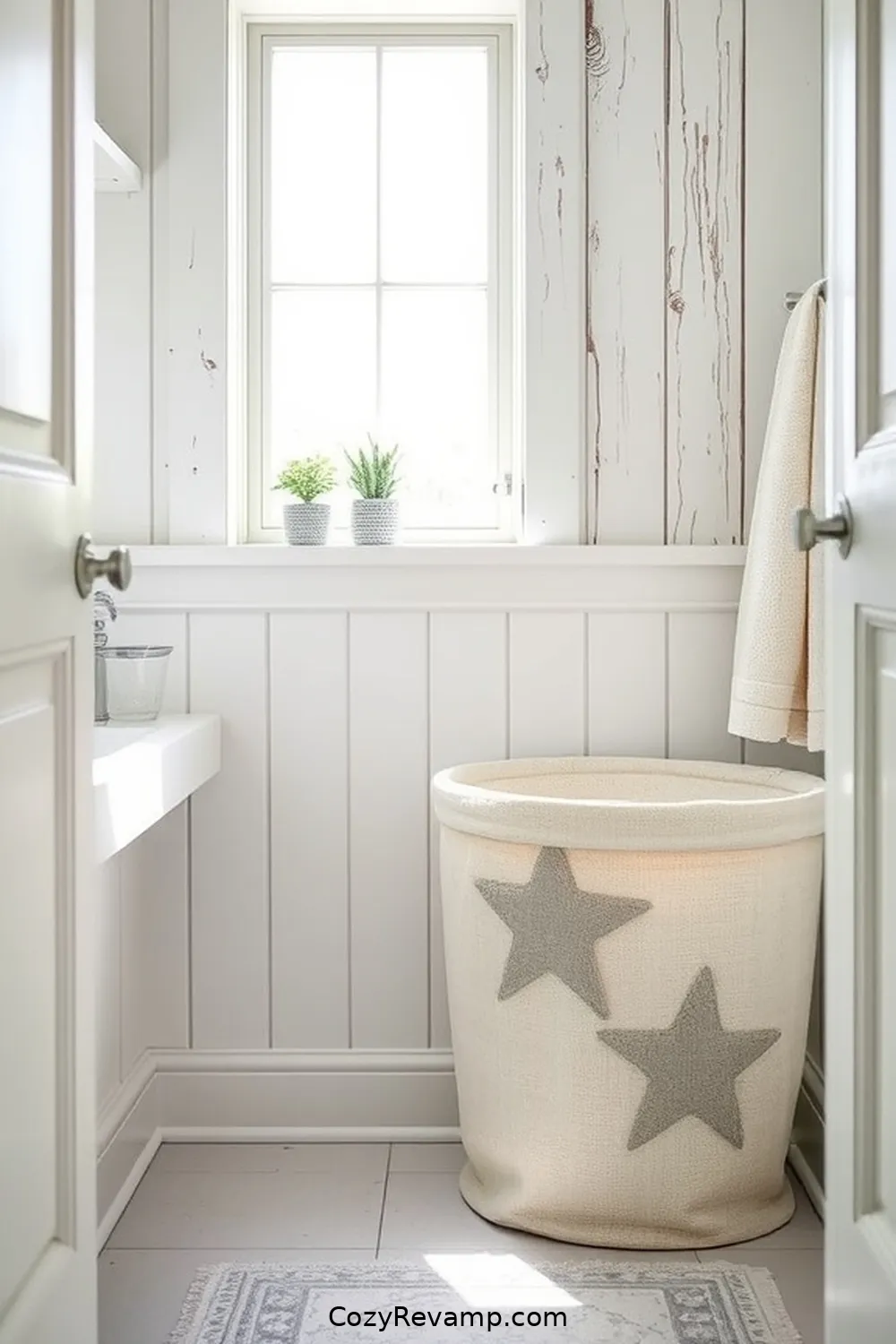 Fabric-Covered Wastebasket for 17 Creative Ways to Style a Coastal Bathroom With Upcycled Fabric Material