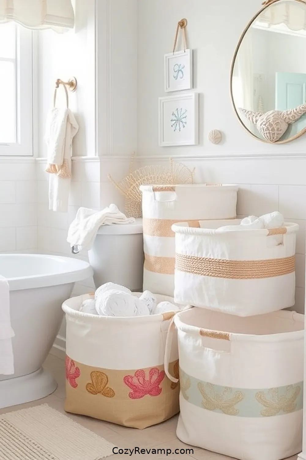 Fabric Storage Baskets for 17 Creative Ways to Style a Coastal Bathroom With Upcycled Fabric Material