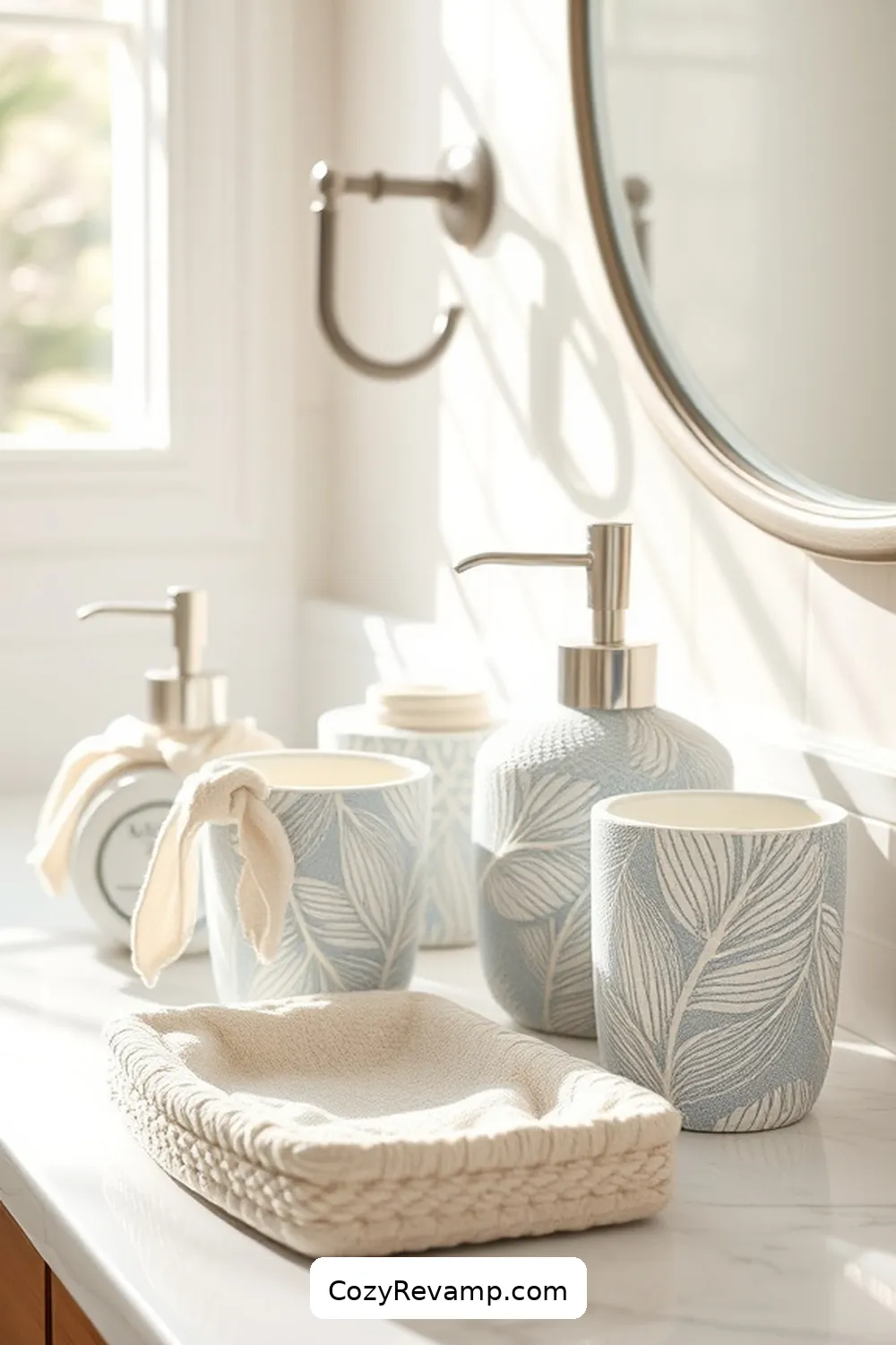 Fabric-Wrapped Bathroom Accessories for 17 Creative Ways to Style a Coastal Bathroom With Upcycled Fabric Material