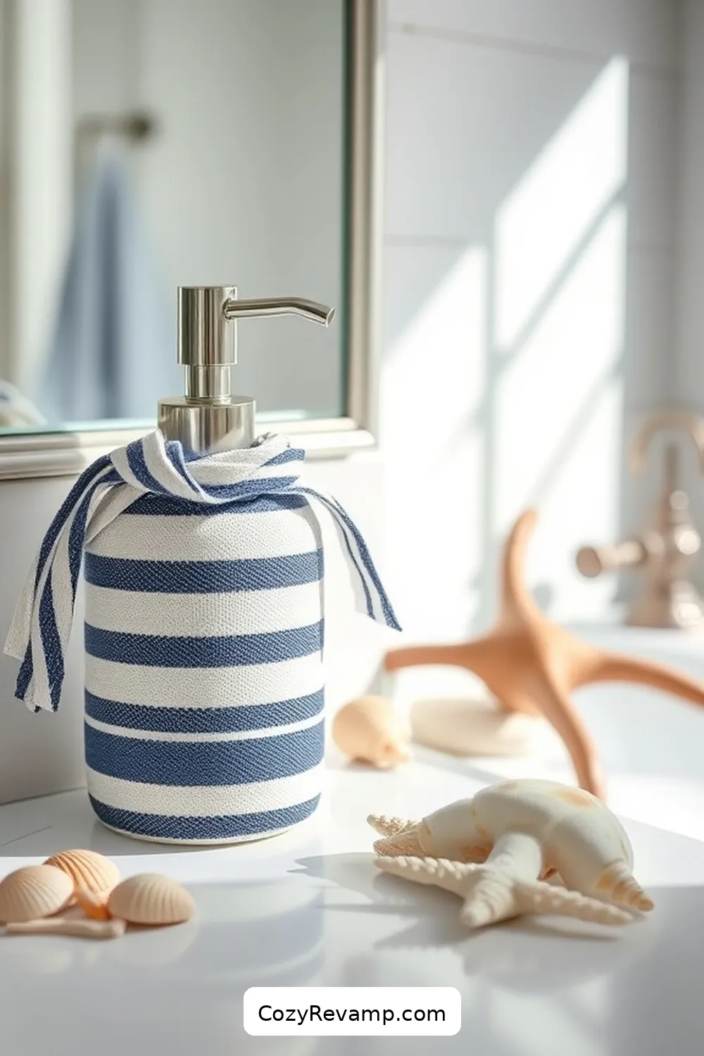 Nautical Fabric Soap Dispenser for 17 Creative Ways to Style a Coastal Bathroom With Upcycled Fabric Material