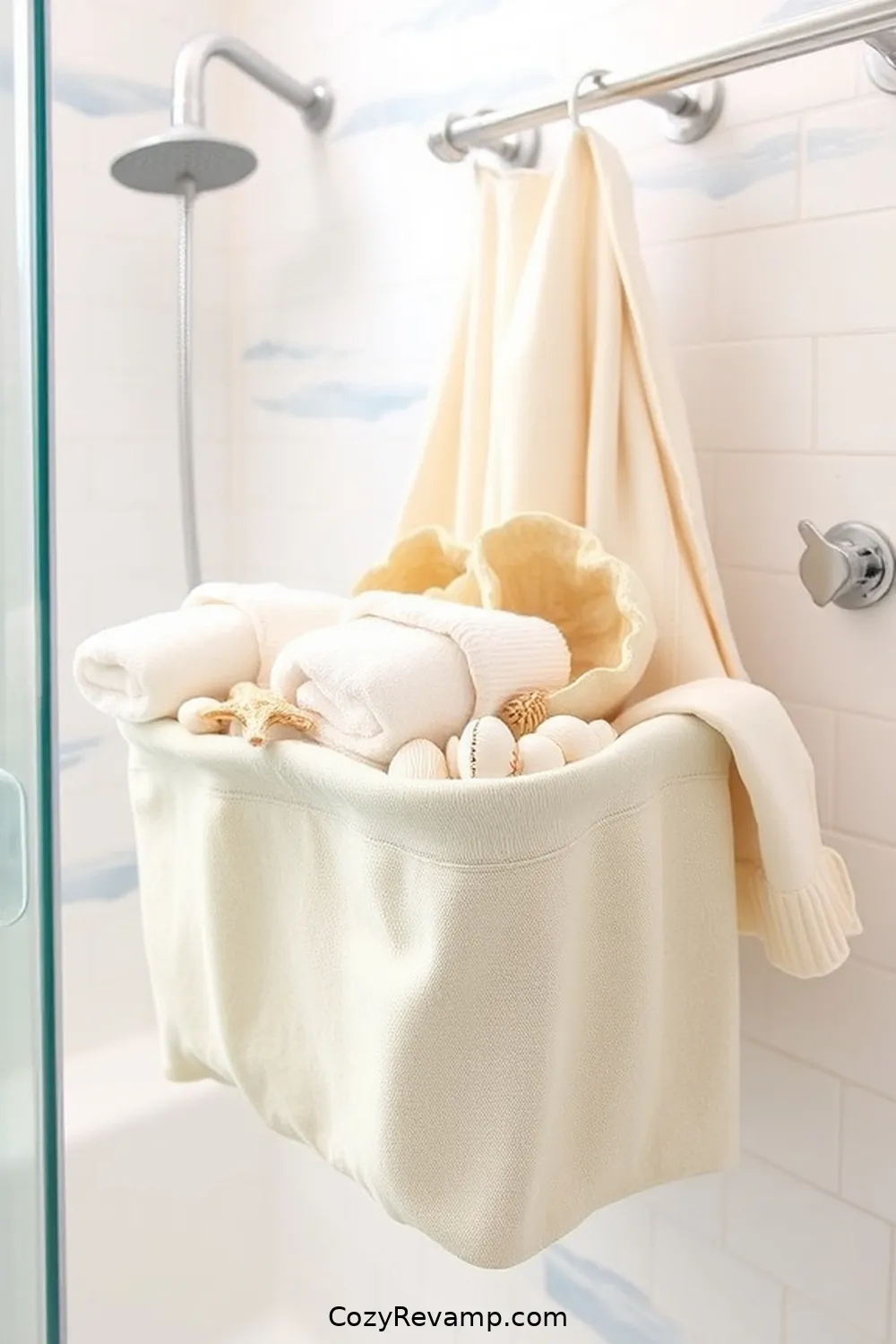 Repurposed Fabric Shower Caddy for 17 Creative Ways to Style a Coastal Bathroom With Upcycled Fabric Material