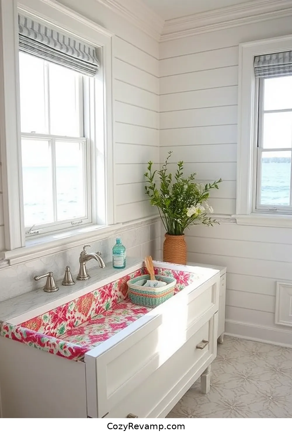 Upcycled Fabric Drawer Liners for 17 Creative Ways to Style a Coastal Bathroom With Upcycled Fabric Material