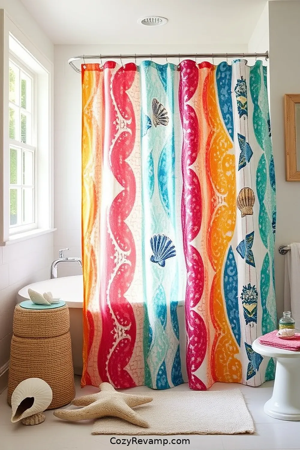 Upcycled Fabric Shower Curtain for 17 Creative Ways to Style a Coastal Bathroom With Upcycled Fabric Material