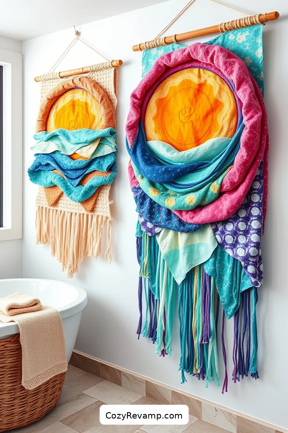 Upcycled Fabric Wall Hangings for 17 Creative Ways to Style a Coastal Bathroom With Upcycled Fabric Material