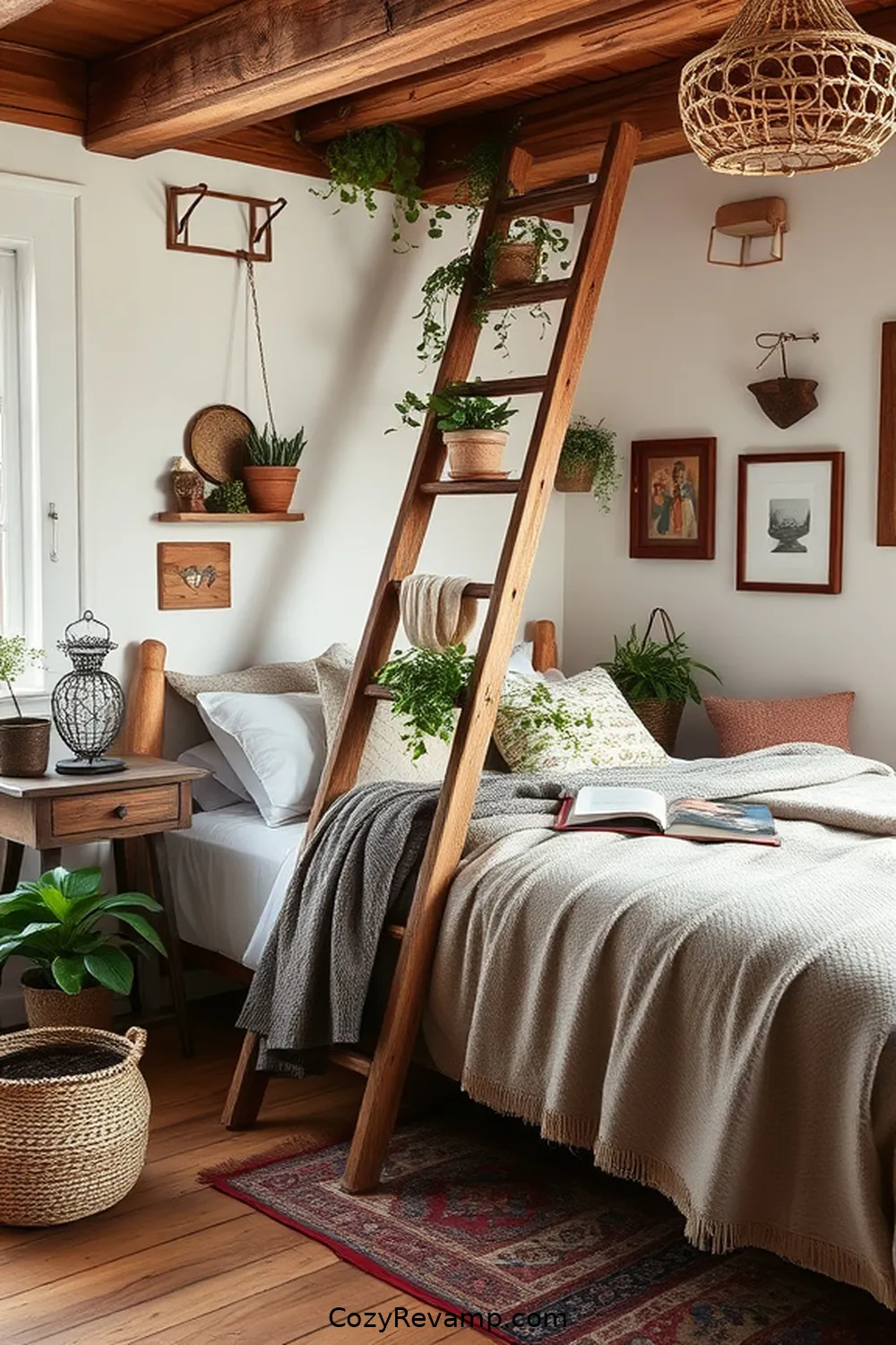 17 Stunning Ideas for a Rustic Bedroom With Recycled Wood Material 11 Antique Ladder as Decor for 17 Stunning Ideas for a Rustic Bedroom With Recycled Wood Material